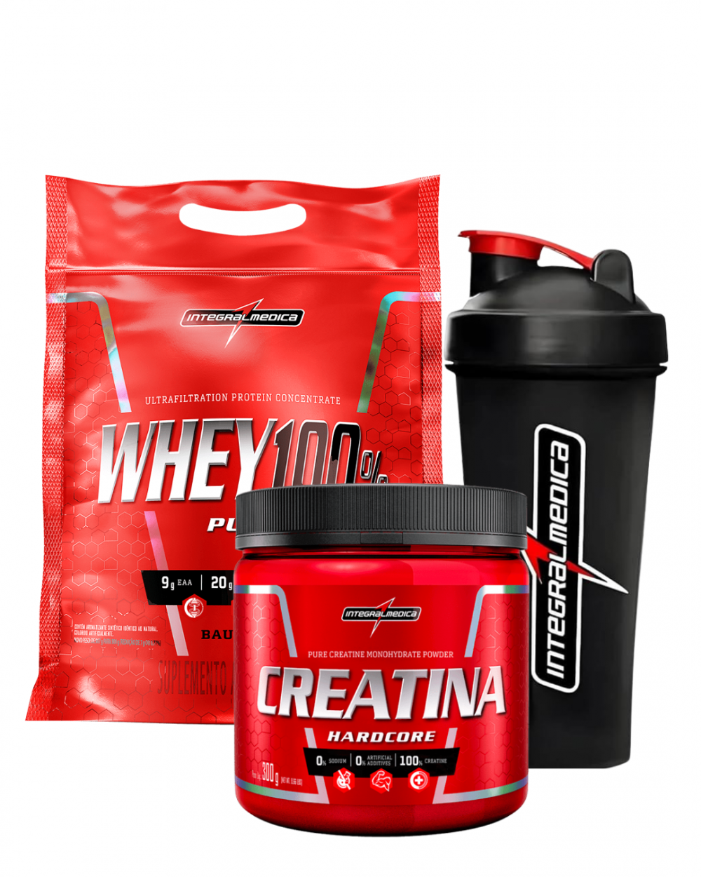 COMBO Whey 100% Pure 900g Refil + Creatina 300g INTEGRALMÉDICA GRÁTIS COQUETELEIRA