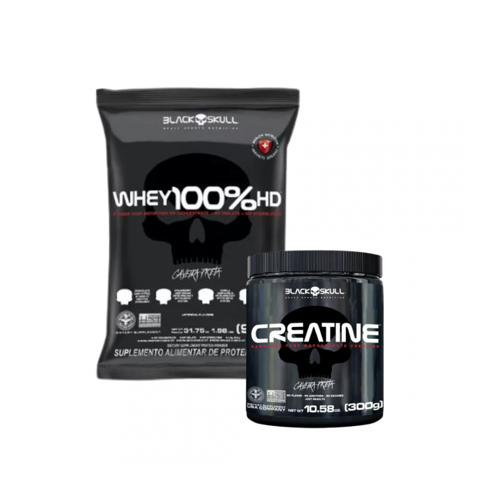 COMBO Whey 100% HD 900g Refil + Creatina 300g BLACK SKULL